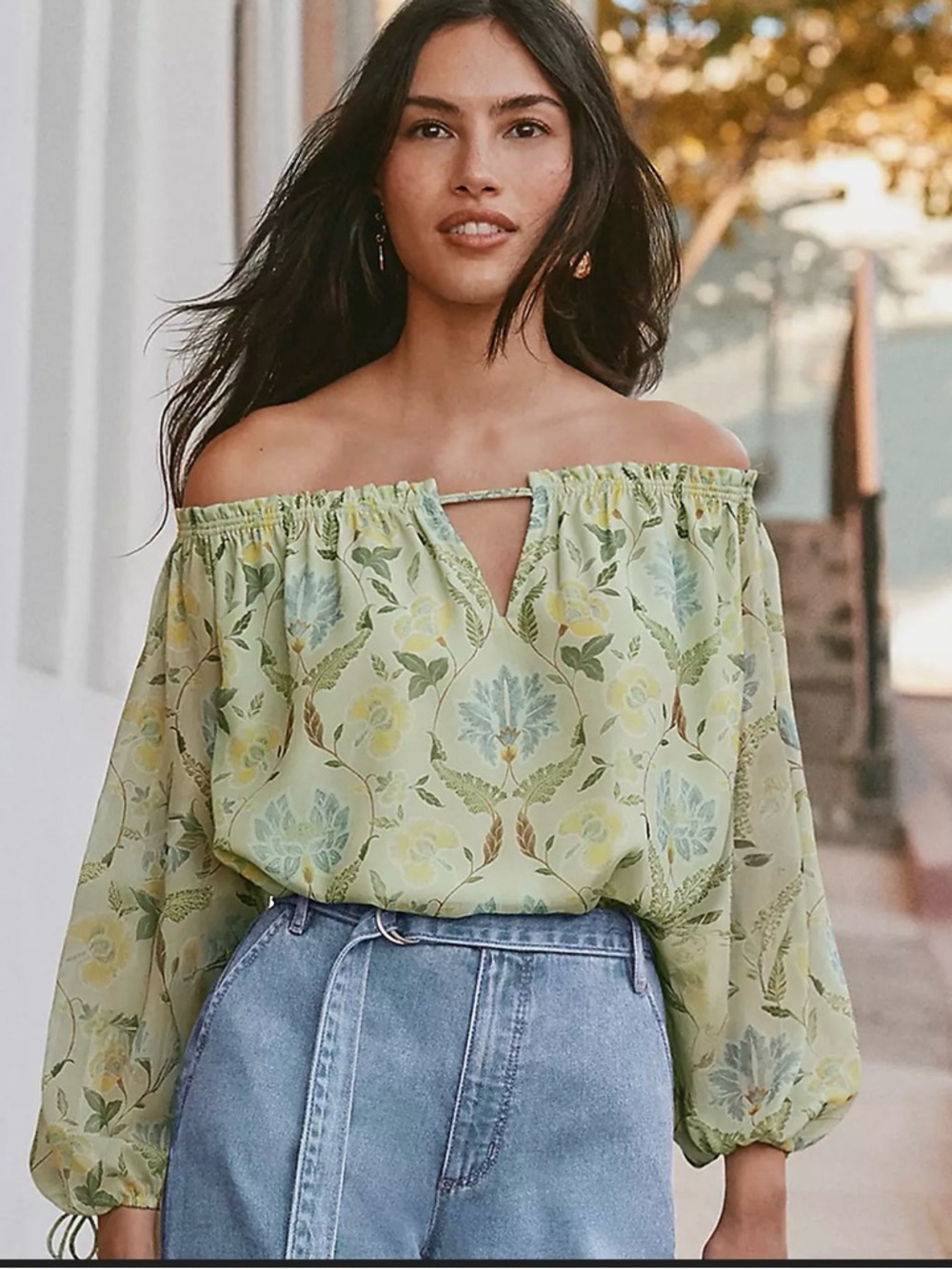 Off-Shoulder Floral Peasant Top - Light Green NWT ZARA
